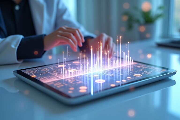 Graphiques et données financières superposés sur une tablette, symbolisant l'analyse de marché des tendances beauté