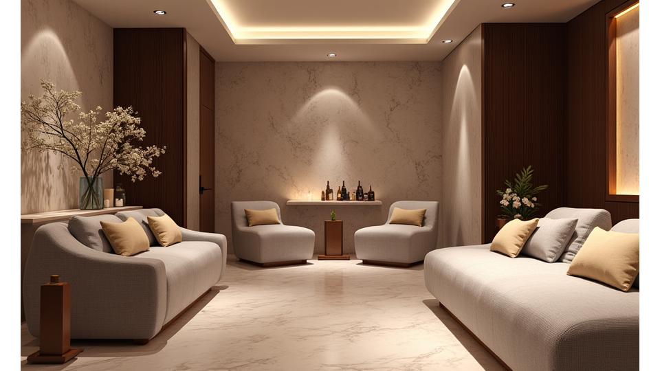 Intérieur élégant d'un spa de luxe parisien avec une atmosphère sereine et des produits de beauté exclusifs en exposition.